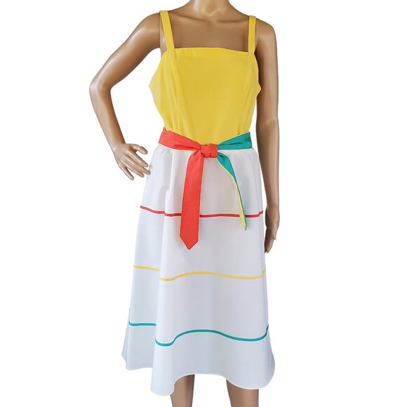 2 Piece Jacket Dress Women's S Sheath Sundress Midi Stripe Tie Belt Square Neck - Picture 5 of 12